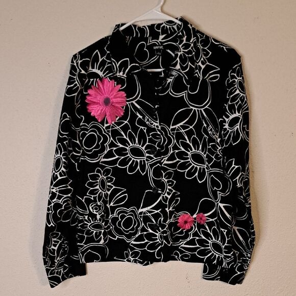 Krazy Kat Floral Black and White Blazer Jacket with Pink Accents size small - Picture 1 of 8